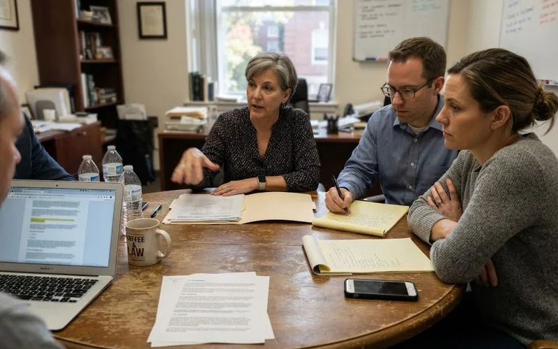 Two people at a table during a mediation session, with financial documents and a laptop between them