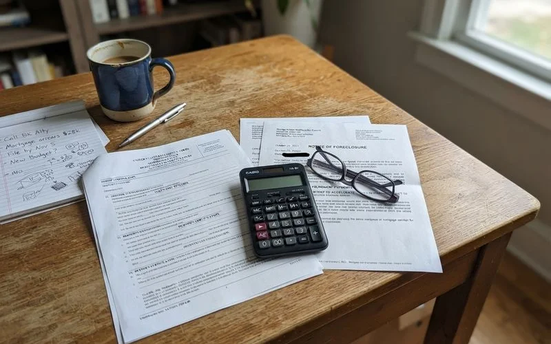 A homeowner reviewing Chapter 13 bankruptcy paperwork alongside a foreclosure notice at a kitchen table