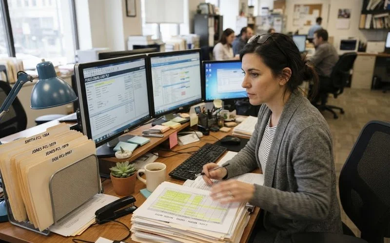 Editor at a laptop cross-checking a spreadsheet of attorney listings against public business records
