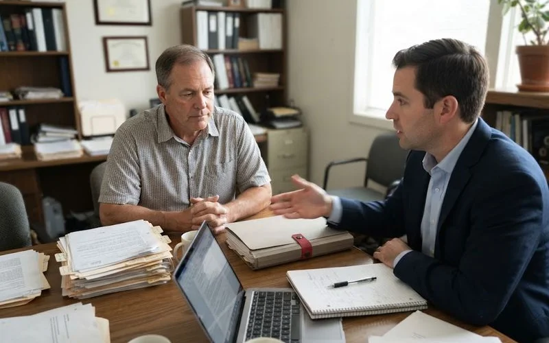 Two paths diverging, one showing a person filing court paperwork alone and the other showing a consultation with an attorney