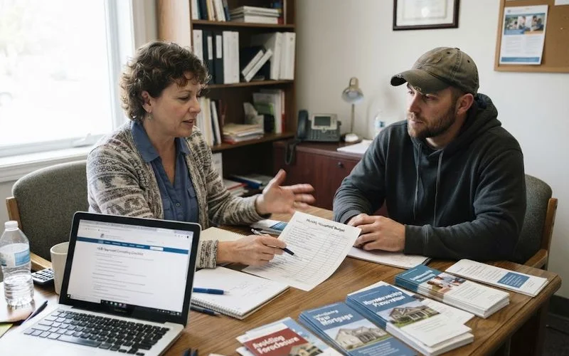 A community legal aid office with a homeowner meeting a counselor across a desk, paperwork spread between them