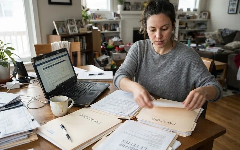 A stack of financial documents including pay stubs and bank statements next to a hardship letter draft on a desk