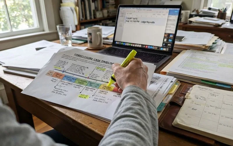 A calendar with several months marked and a folder of foreclosure court documents beside it on a desk