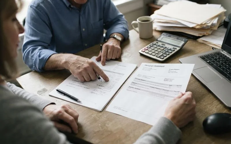 A homeowner and attorney reviewing a fee agreement and mortgage statement across a desk in an office setting