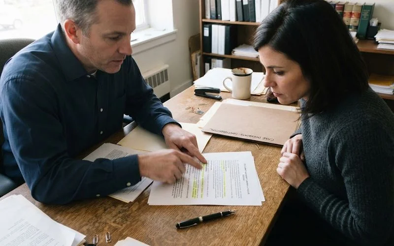A homeowner and attorney reviewing a settlement agreement, looking closely at deficiency waiver language