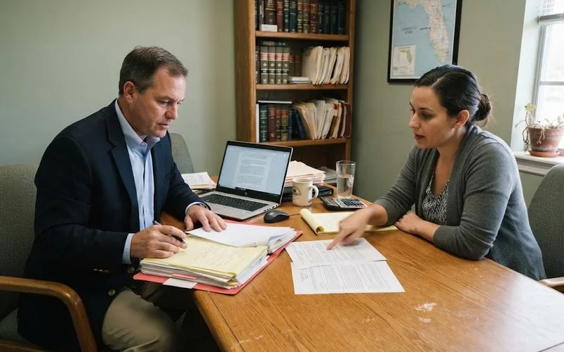 Attorney meeting with a homeowner across a desk covered in foreclosure and mortgage paperwork in an office setting